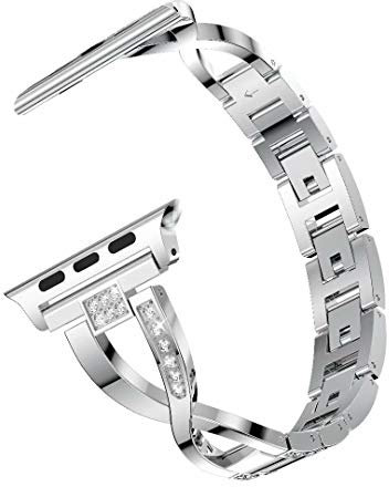 Kompatibel mit Apple Watch 6 Armband 40mm Edelstahl Silber, Damen Frauen Leichtgewicht Metall Edelstahl Loop mit Faltschließe Glitzer Wristband Kompatibel mit iWatch SE Serie 6/5/4/3/2/1, 38mm/40mm