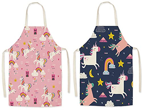 mellystore Kochschürze Kinder Einhorn 2pcs Kinderschürze Jungen Mädchen Küchenschürze Einhorn Schürze für Kinder zum Kochen Malen Basteln Schwarz Pink 8 bis 12 Jahre
