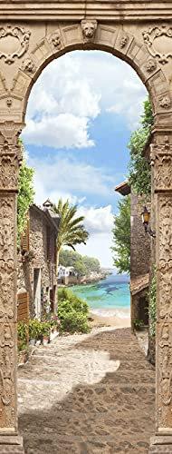 A.Monamour Türtapete Selbstklebend Türfolie Türposter 3D Blick Auf Den Strand Auf Das Mittelmeer Durch Die Bogen Stein Treppe Vinyl Folie Türdeko Tapete Wandbild Türaufkleber Türtattoo 90 x 200 cm