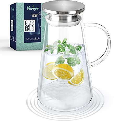 Yavaya Jarra de cristal de 2 l, resistente al calor, de borosilicato, con tapa de acero inoxidable, jarra de cristal de cristal
