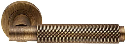 PAIR Knurled Grip Round Bar Handle on Round Rose - Concealed Fix - Antique Brass | Designer Door Handle Lever on Screwless Rose - Internal Door Hardware - Screws, Fixings and Spindle Included