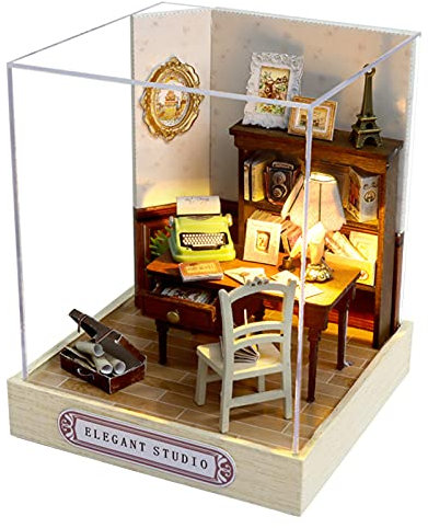 Cuteroom DIY Wooden DollHouse Kit,Dollhouse Miniature with Furniture and Dust Cover Handmade Crafts Miniature Dolls House kit for Teens Adult Gift (Elegant Studio)