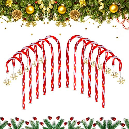 12 Stück Schneeflocken Zuckerstangen Lichterketten, Festive LED Lichterketten Weihnachtsweg Marker Weihnachtsbeleuchtung Außen Gartenstäbe Zuckerstange Solar Lichterkette für Garten Weihnachtsdeko