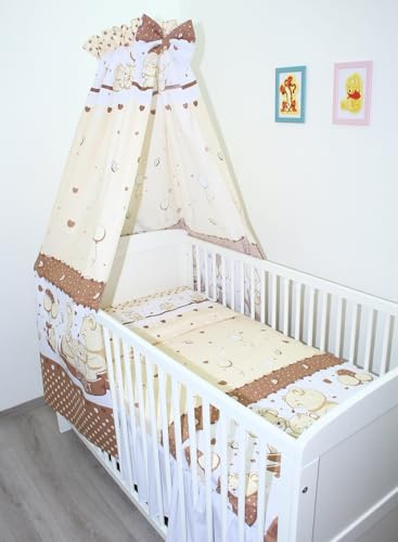 Primawela Baby Bettset Bettwäsche mit Himmel Vollstoff - Bärchen Braun - Bettausstattung Set (4 teilig)