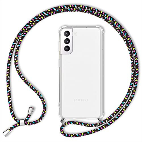 NALIA Handyhülle mit Kette kompatibel mit Samsung Galaxy S22 Hülle, Transparente Schutzhülle & Handy-Schnur zum Umhängen, Robust Vergilbungsfrei Klar, Hardcase & Silikon Rahmen, Farbe:Schwarz Bunt