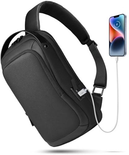 Umhängetasche Herren Wasserdichte Brusttasche für 11.3 zoll iPad Business Sling bag mit USB-Anschluss Diebstahlsicher Crossbody bag Klein Schultertasche herren für Freizeit Arbeit Uni Reise-Schwarz