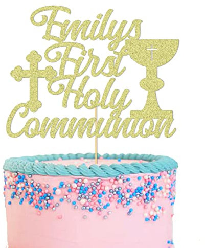 GuteGifts Personalised First Holy Communion Cake Topper - Grail Cross Christening Baptism Confirmation 1st Communion Party Decor Multicolour Glitter Hand Finished in UK (Gold)