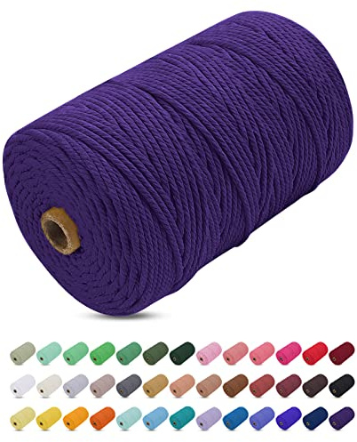 Corde Macramé 3mm x 200m, Uiopa Fil Macramé 3mm Corde Coton Naturelle 4 Brins, Coloré Ficelle Cordon Coton pour Tressée DIY, Tentures Murales, Porte Plante, Rideau, Decoration Boheme (Violet foncé)