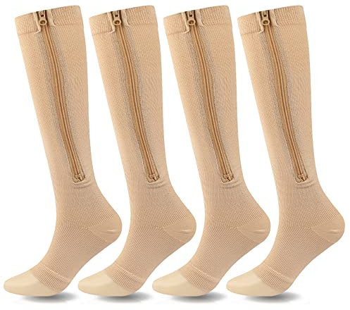 SSDH 4 Paires Chaussettes de Contention pour Femmes et Homme Avec fermeture éclair 15-20 mmHg, Bas de Contention, Chaussette de Compression pour les varices, le sport (S/M, Beige)