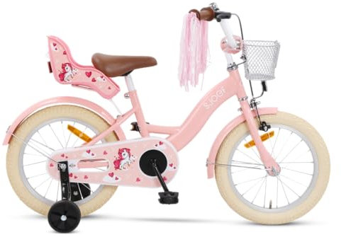 SJOEF Dolly Kinderfahrrad 16 Zoll | Ab 4-6 Jahre | Kinder Fahrrad für Mädchen/Jugend | Kleidergröße von 103 bis 118 cm | inklusive Stützräder - Rosa