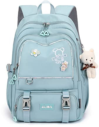 FANDARE Schulrucksack Schulrucksack Kinderrucksack Schultasche Jungen Mädchen Rucksack Schulranzen für Outdoor Reise Daypacks Freizeitrucksack Rucksack mit Plüsch Anhänger Wasserdicht Nylon Blau