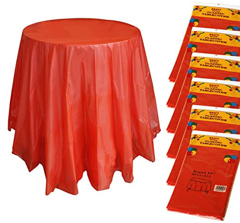 ZeriTlolen Runde Einweg-Tischdecke aus Kunststoff, 213,4 cm, für Hochzeit, Bankett, Restaurant, Buffet, Partys und Camping, Rot, 6 Stück
