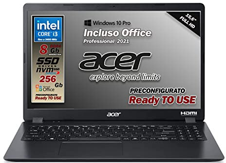 acer Extensa 15 Pc Portatile, Notebook con Cpu Intel Core i3-1005G1, Ram 8 GB DDR4, SSD da 256 GB Nvme, Display 15.6 FHD, Grafica Intel UHD, Windows 10 Pro, Office Pro 2021, pronto all'uso, Italia