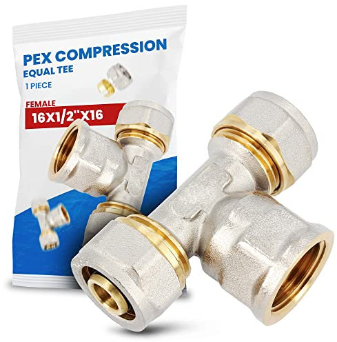 Raccordo Tee PEX-AL-PEX Stringere Ottone per Tubo Multistrato Compressione Filettato Sistema di Riscaldamento Idraulico (16 x 1/2'' x 16 FF)