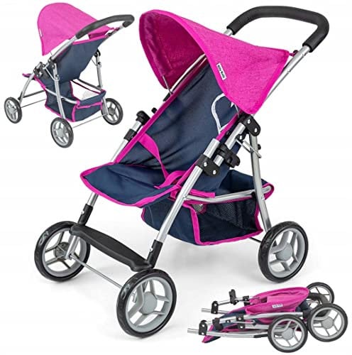 Milly Mally Puppenwagen Natalie klappbar, für Mädchen ab 3 Jahren, mit Verdeck, Schaumrädern, Gurten Prestige Navy