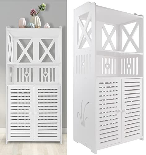 Waterproof White Storage Sideboard, Tall Bathroom Cupboard Slim Cabinet with 3 Open Shelves and Double Door Cabinet, Narrow & Compact Freestanding Floor Bathroom Storage Cabinet for Toiletries