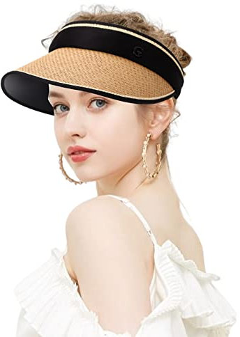 GLAITC Wide Brim Straw Hat, Sun Hat Women Rollable Sun Visor Hat Uv Protection Ca Beach Sun Straw Hat Foldable Summer Topless Sunhats for Golf, Tennis, Hiking, Running, Ttravelling, Camp (Khaki)