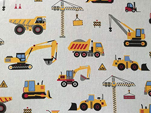Keine Meterware, Stoffe zum Nähen für Kinder, 100% Baumwolle: 0,5m Baumwollstoff mit Baustellenfahrzeuge - Jungen Kinderstoff - Fahrzeuge auf der Baustelle Kran LKW Mischer Bagger - gelb rot grau blau