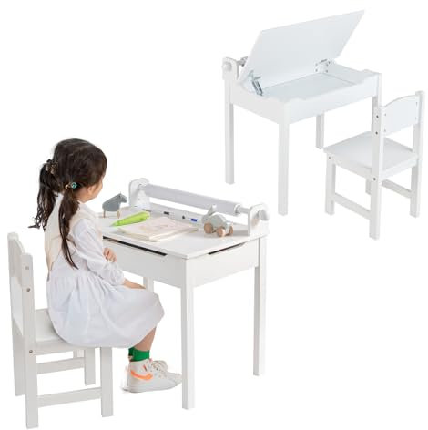 LIFEZEAL Kinderschreibtisch Set, Schülerschreibtisch mit Stuhl und Schublade, Schreibtisch mit klappbarer Tischplatte und Papierrollenhalter, Kindersitzgruppe für Kinder Im Alter Von 3-12 (Weiß)