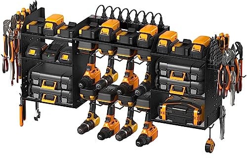 CCCEI Black Large Tools Organizer Wall Mount Charging Station, 39 Inch Long Power Tool Battery Storage Rack with 6FT Power Strip. 8 Drill Holder, Garage Utility Shelves. Pegboard Hanging Extension.