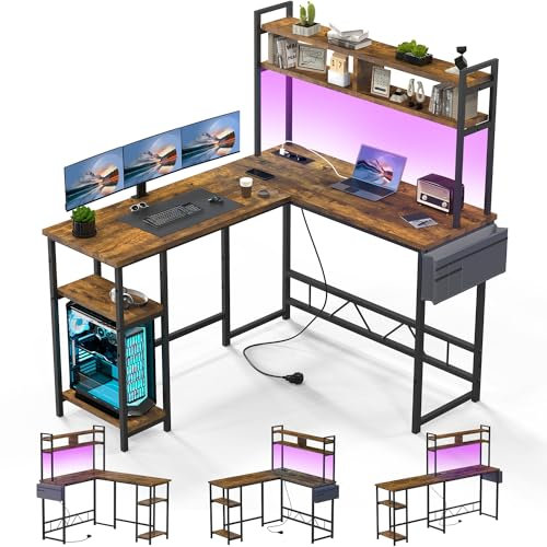 Devoko Gaming Tisch mit LED, Eckschreibtisch Gaming Schreibtisch mit 2 Steckdosen und 2 USB-Anschlüssen, Computertisch mit Aufbewahrung, Rahmen aus Stahl, 160 x 120cm,Vintage-Braun