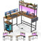 Devoko Gaming Tisch mit LED, Eckschreibtisch Gaming Schreibtisch mit 2 Steckdosen und 2 USB-Anschlüssen, Computertisch mit Aufbewahrung, Rahmen aus Stahl, 160 x 120cm,Vintage-Braun
