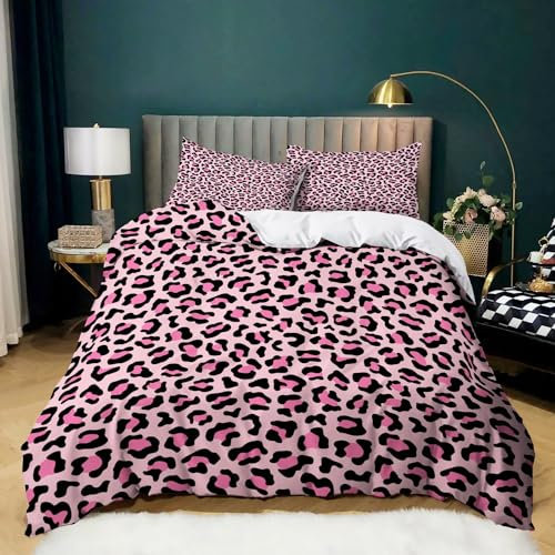 XCWYF Bettwäsche 135x200 cm Rosa Leopardenmuster 3 teilig bettwäsche Set Microfaser Bettbezug Bed Cover und 2 Kissenbezug 80x80 cm mit Reißverschluss