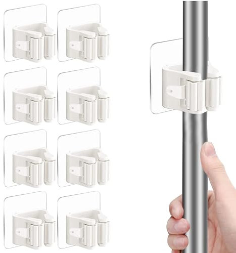ZEACCT 8 Pcs Self Adhesive Mop Holder, Wall Mounted Organizer Clip, Broom Clips Without Drilling, for Bathroom, Kitchen, Office, Closet, Garden Garage, Utility Room Tools Rack Storage-White