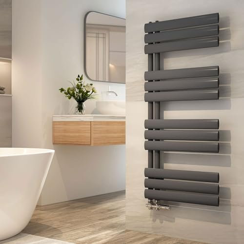 EMKE Badheizkörper 1120x500 mm, Handtuchheizkörper Seitenanschluss Oval Badheizkörper Handtuchhalter Handtuchwärmer Handtuchtrockner Heizkörper Bad Anthrazit 475 Watt