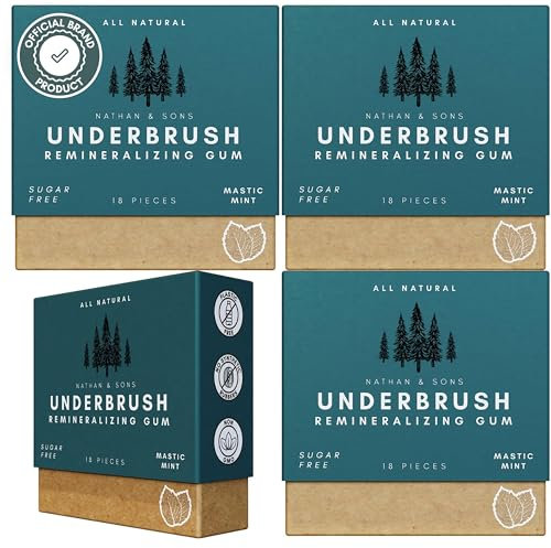 UnderBrush Mastic Mint Remineralizing Chewing Gum, Sugar Free Xylitol Gum with Hydroxyapatite, Gluten Free, Sugar, Aspartame & Sucralose, Tree Sap Chewing Base, 4 Pack