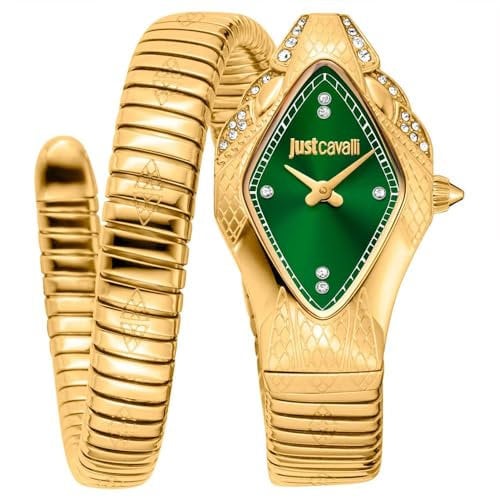 Just Cavalli Damenuhr, goldfarbenes Gehäuse, dunkelgrünes Zifferblatt, goldfarbenes Metallarmband, 2 Zeiger, 3 ATM, Goldfarben