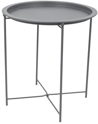Harbour Housewares Round Tray Table with Removable Tray - Pack of 1 - Matte Grey Steel Bed Side Table Raised Lip Serving Dish Compact Collapsible Folding Stand for Bedroom, Home and Office