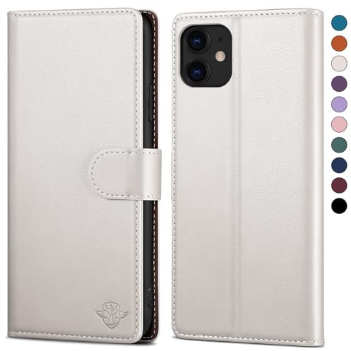 SkyDuck for iPhone 11 6.1 Phone case with [RFID Blocking][Credit Card Holder] with 1 Tempered Glass Screen Protector,PU Leather Flip Book Protective Cover Women Men for Apple 11 cases White