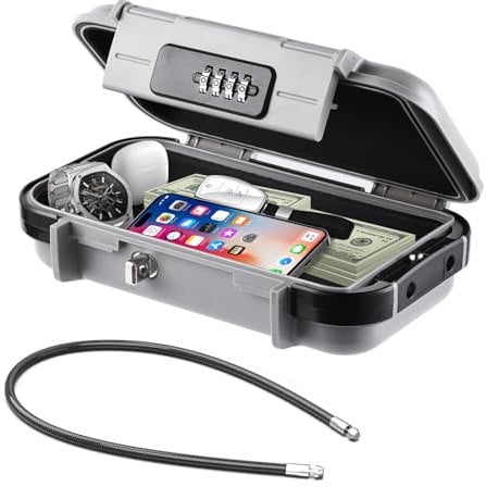 Hurinan Portable Safe Box with Code, [Waterproof & Anti-Theft]Travel Safe, Combination Security Case Lock Box with Removable Wire Rope, for Beach, Cars, Office, Vacation (Grey)