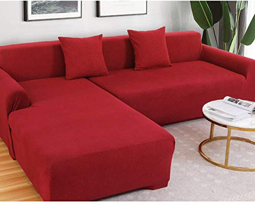 ESOUY Einfarbiger Sofabezug für Ledersofa, L-förmiger Wildleder-Stretch-Sofabezug, Rutschfester Sofabezug für 4-Sitzer, Rot