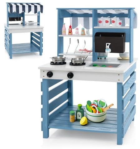 GYMAX Kids Mud Kitchen, Outdoor Double-Sided Toy Kitchen with Stoves, Removable Sink, Faucet, Storage Shelves & Cookware Accessories, Wooden Play Kitchen for Age 3+ Boys Girls
