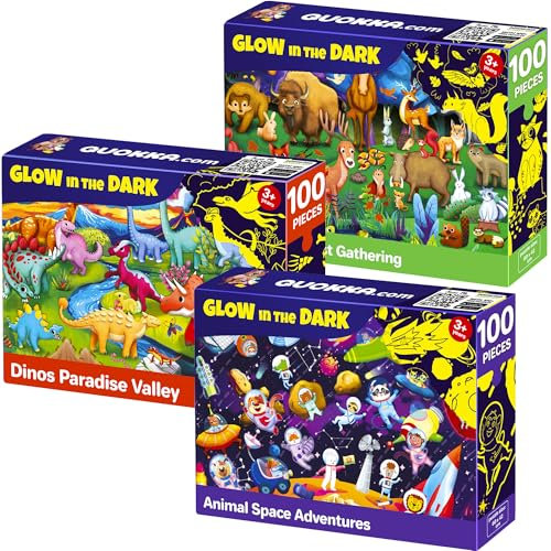 QUOKKA Puzzle ab 4 5 Für Kinder - 4x100 Teile Rahmenpuzzle ab 5 6 Jungen und Mädchen - GLÜHEN Puzzle Spiele mit Weltraum, Dinosaurier, Tiere - Geschenk für Kinder 6 7 8 Jahre