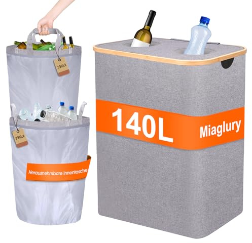 Miaglury 140L Pfandflaschen Sammelbehälter 2 Fächer, Pfandflaschen Aufbewahrung, Faltbar 2 XXL Tragetasche Pfandbehälter mit Loch, Leergut Sammelbehälter,Pfandflaschen Behälter mit Deckel, Grau