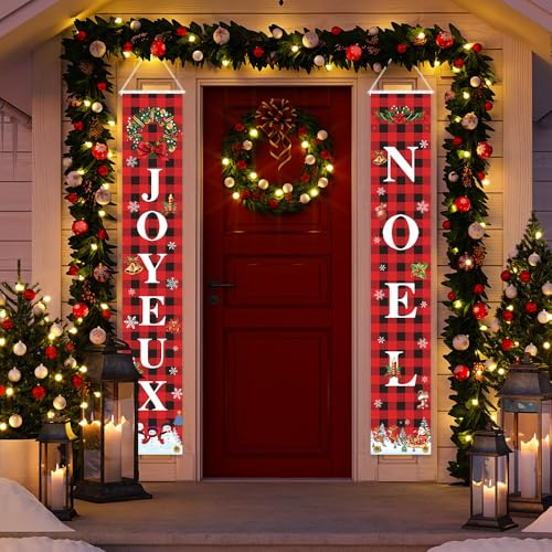 MEHOFOND Bannière Rouge de Noël 30x180CM Décorations Bannière de Porte Joyeux Noël Drapeau à Tirer Toile de Fond de Porche Panneau en Tissu Accessoires de Fête de Noël Décor d'Arrière-plan Intérieur
