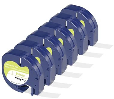 6 x Veson Kompatibel Etiketten für Dymo Etikettenband Letratag 12mm x 4m,Kompatible Schriftband als Ersatz für Dymo LetraTag Plastic White für Dymo LT-100H LT-100T 200B XR XM, Schwarz auf Weiß 91221