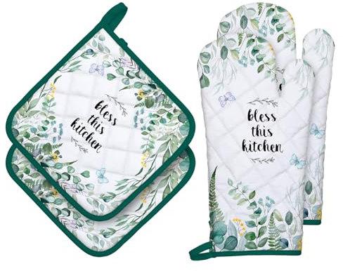 Arquiel Ofenhandschuh und Topflappen 4er Set, 100% Baumwolle Kochhandschuhe, Hitzebeständiger Küchenhandschuh Zum Kochen Backen Grillen Geschenk,Eukalyptusblätter