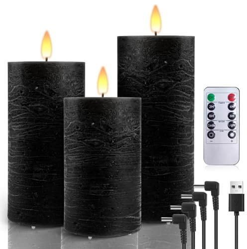 AiiBowy LED Kerzen Aufladbar USB Echtwachs [3er-Set] mit timerfunktion, Kerzen Flackernde Flamme, Adventskranz, LED Stumpenkerzen Outdoor für Halloween Weihnachten Dekoration Schwarz