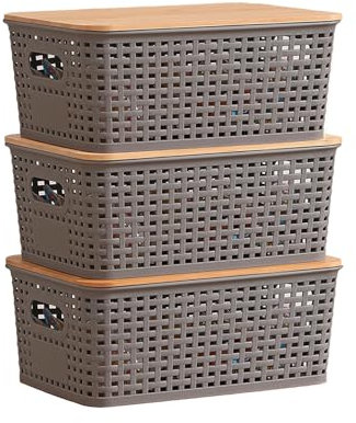 Kongming 3 Stücke Aufbewahrungsbox mit Bambus Deckel und Griff, 5l Kunststoff Bad Organizer Klein Aufbewahrungskorb Boxen Aufbewahrung für Küche Badezimmer Schlafzimmer Balkon 25x18x10cm (Grau)