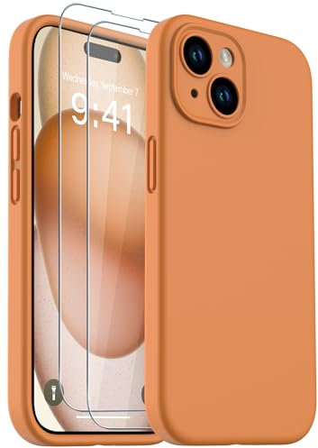 CASELIVE for iPhone 15 Case, Liquid Silicone Case with [Tempered Glass Screen Protector] Full Body Shockproof Soft Anti-Scratch Microfiber Lining Phone Case for iPhone 15 6.1 inch(Orange)