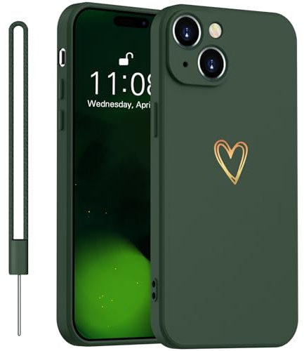 Yoawiful für Handyhülle iPhone 14 Hülle Silikon Kameraschutz Niedliches Herzmuster mit 1 Lanyard stoßfest iPhone 14 Case grün