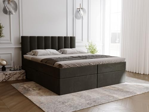 GRAINGOLD Mocca Bett 180x200, Boxspringbett mit Bettkasten, Polsterbett mit Bonell-Matratze, Samt Stoff, mit Topper, mit Kopfteil (Dunkelgrau, 180x200)