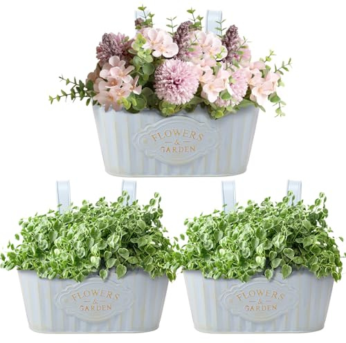 Lot de 3 pots de fleurs vintage en fer à suspendre pour balcon, balustrade, décoration ovale rustique pour jardin, porche, balcon, balustrade, terrasse (bleu)