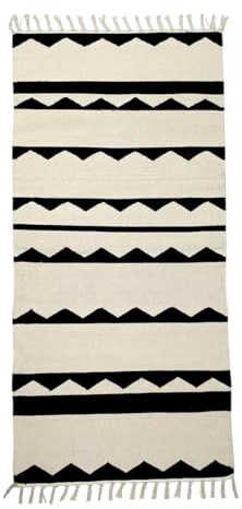 BioEcoLux Schwarz-Natur Läufer Teppich Boho, Reversible Baumwollteppich, Geometrisch Gewebt für Flur, Küche oder Eingangshalle, Boho-Stil (70 x 200 cm, Streifen 02)