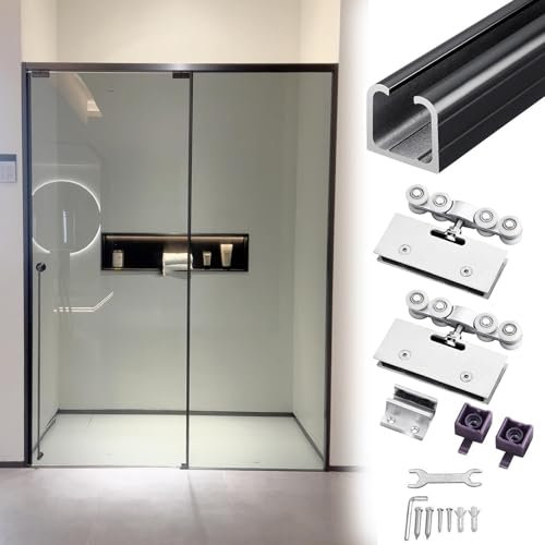 Binario per Porta Scorrevole Binario per Porta Scorrevole in Vetro Senza Telaio, Guida Superiore per Porta Scorrevole in Vetro in Lega di Alluminio, Kit Ferramenta per Porta a Scomparsa con Set di Rul