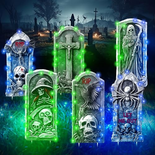 6PCS Halloween Grabsteine Deko, Leuchtend Grabstein Schilde für Party | 35CM Halloween Grabstein Hof Zeichen im Freien Dekorationen, Spukhaus,Friedhof,Rasen im Freien,Draußen,Aussen